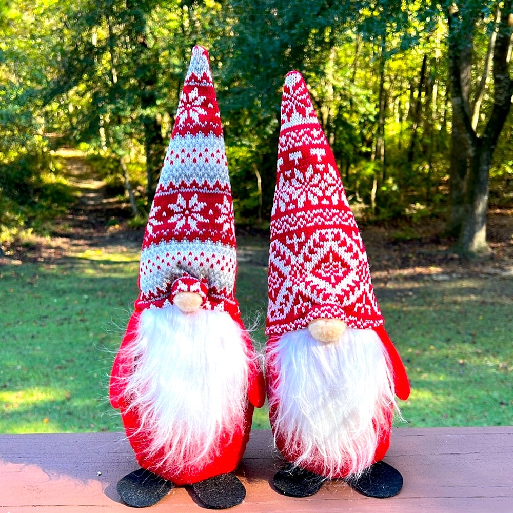 2 - 13.5” Plush Bean Bag Christmas Gnomes with Knitted Hats - NEW